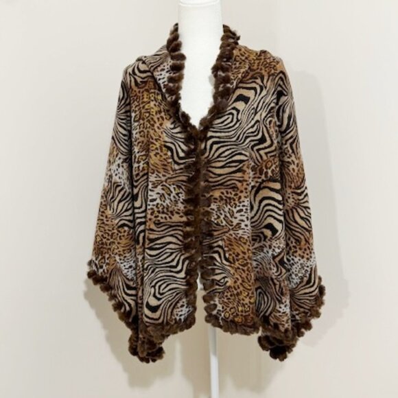 Dena Animal Print Cashmere w/ Dyed Rex Rabbit Fur Trim Wrap Scarf 70" L x 26" W - Picture 2 of 6